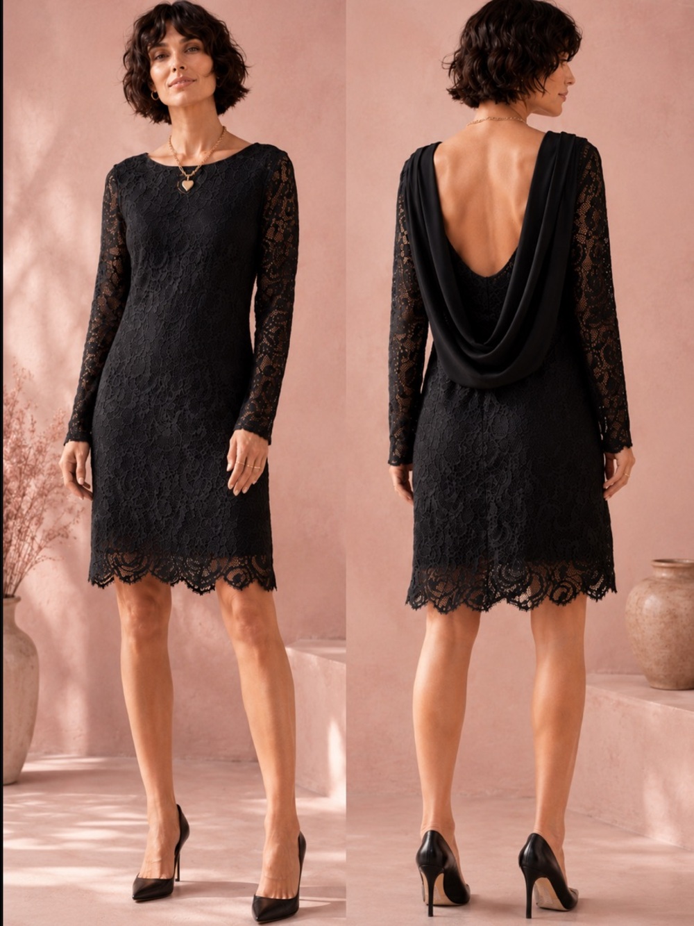 Vintage Black Lace Open Back Dress S Draped Cowl Back Cocktail Party Gothic